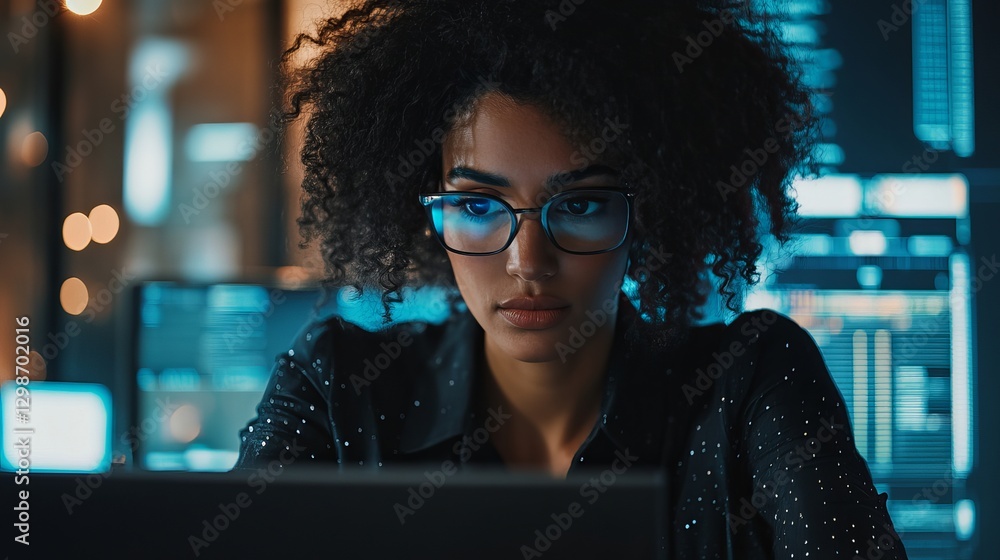 Poster focused female programmer working late night on complex code project software development digital te
