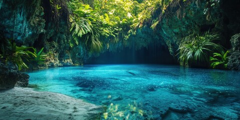 Crystal-clear water glistens under sunlight in a lush cave oasis with vibrant greenery