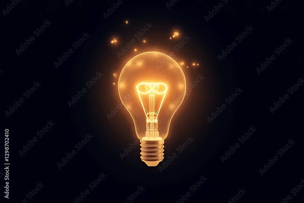Poster a glowing light bulb with a filament surrounded by sparkling particles on black.