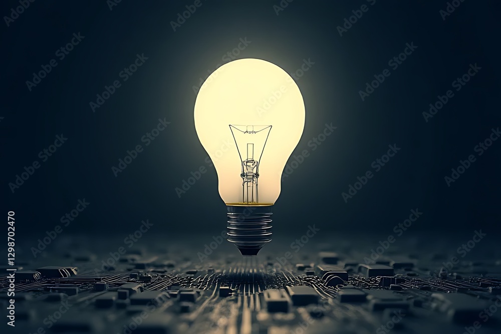 Poster a glowing lightbulb hovers above an intricate circuit board pattern.