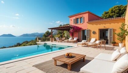 Fototapeta premium Luxury villa with stunning ocean view, infinity pool, lounge area, and colorful facade offering a serene and upscale retreat.