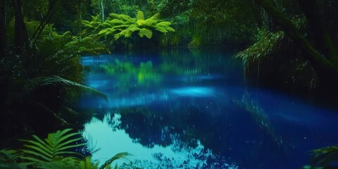 Tranquil blue water reflecting lush greenery in a serene forest setting during twilight