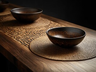 a dark wood table with two brown circular placemats made of woven texture on top, a bowl placed in the middle, a close-up shot, natural lighting, studio photography.