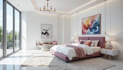 Fototapeta premium Sun-drenched bedroom featuring a comfortable bed and a luxurious area rug creating a relaxing and inviting space for rest and rejuvenation.