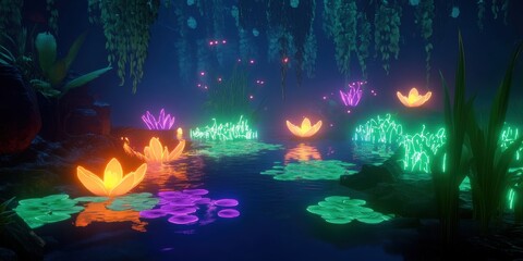 Colorful glowing lily pads and flowers illuminate a mystical pond at night in a tranquil, enchanted environment
