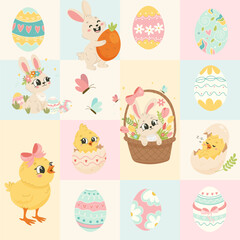 Adorable set of Easter bunnies, chickens, colorful eggs and spring flowers. Seamless pattern