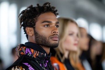 A young man with stylish dreadlocks stands poised, showcasing trendy streetwear in an urban backdrop, symbolizing modern fashion and individual style through bold expression.