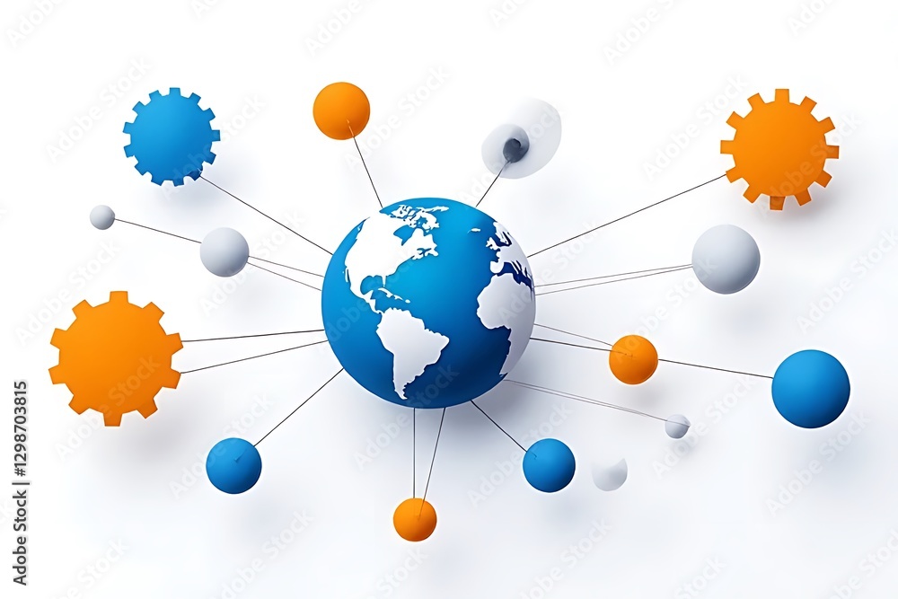 Poster a network diagram displays a globe connected to various spheres and gears.
