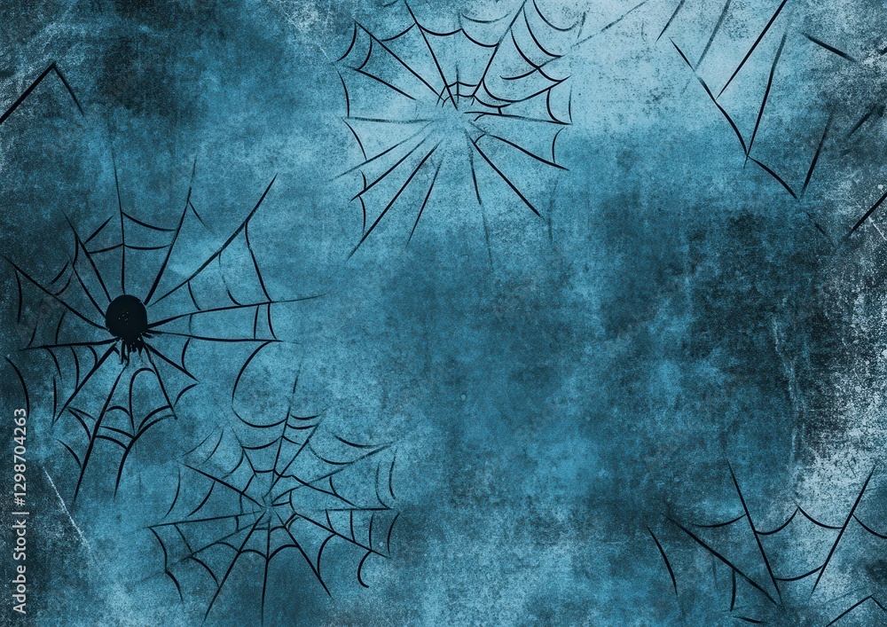 Poster dark blue background with intricate spider webs and a single spider for mysterious and spooky atmosp