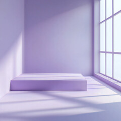 A minimalist 3D studio with a purple corner and window shadows creates an abstract background for product presentation, featuring a blurred backdrop and a spacious, modern aesthetic