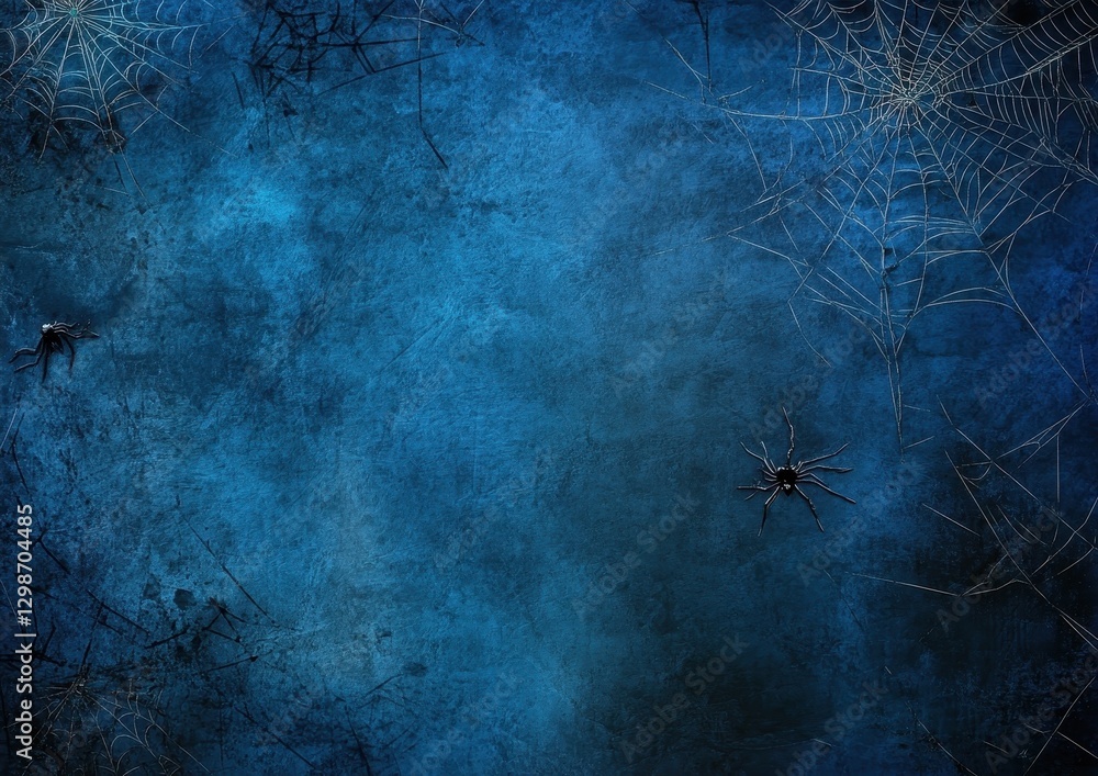 Poster dark blue background with spiders and cobwebs creating a mysterious atmosphere for halloween or horr