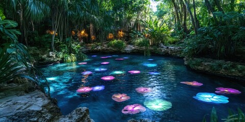 Tranquil water garden at night featuring multicolored lily pads in lush tropical surroundings