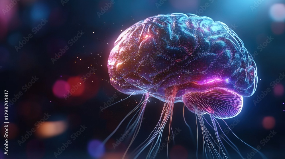 Poster glowing digital brain with neural network activity