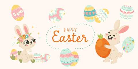 Playful Easter bunnies surrounded by colorful eggs and a big carrot. A cheerful illustration for greeting cards, decor, and gift packaging.
