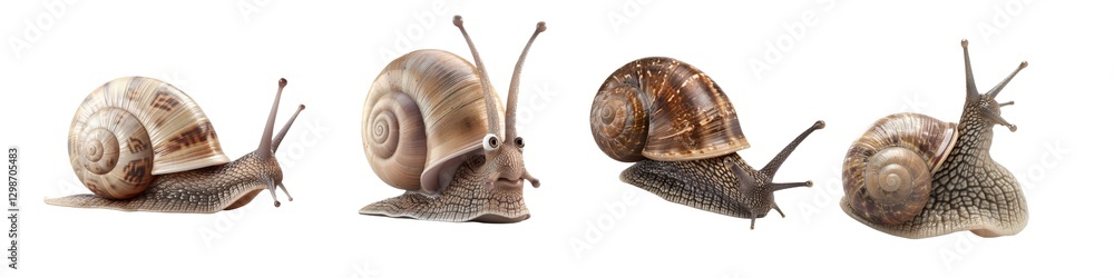 Aufkleber four snails in various positions highlighting their unique shell patterns and textures