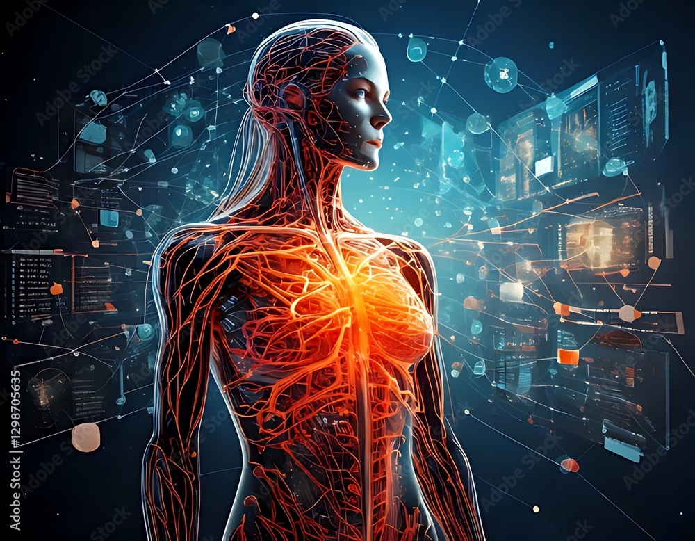 Poster a transparent human figure interconnected with digital displays and networks.