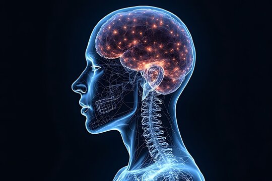 A translucent human head reveals an active brain with glowing neural networks.