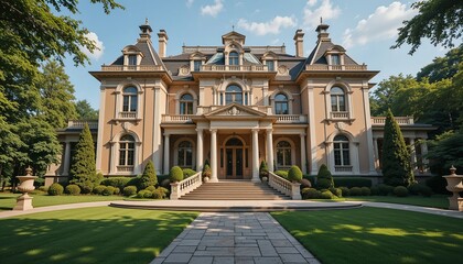 Impressive mansion boasts refined architecture, manicured lawns, and stately presence, evoking elegance and grandeur. Classic design in a lush setting.