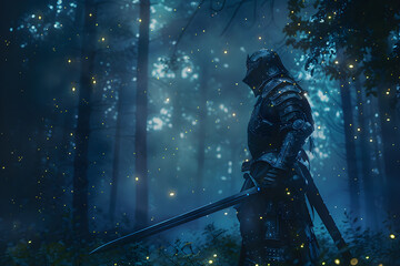 Fototapeta premium Warrior's Vigil in a Mystical Twilight Forest Glade with Ancestral Saber