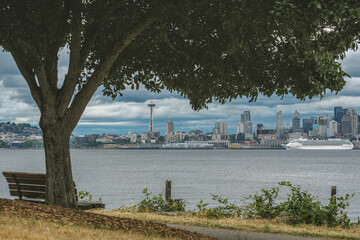 Modern cruiseship cruise ship ocean liner Sun sail away departure from Seattle, Washington State...
