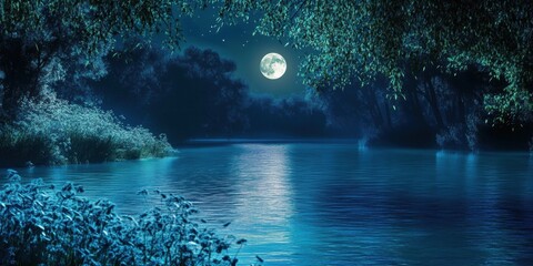 Moonlight reflects on tranquil water surrounded by lush vegetation under a clear night sky