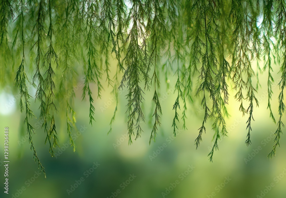Poster Delicate green foliage with intricate leaf patterns hanging down from branches in soft, blurred background of nature creating a serene atmosphere