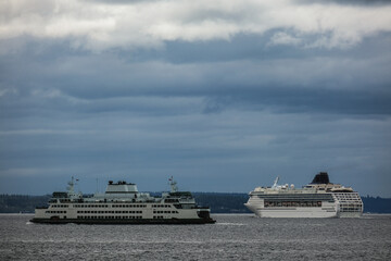 Modern cruiseship cruise ship ocean liner Sun sail away departure from Seattle, Washington State...