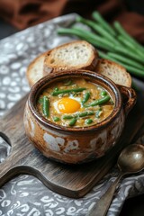 Creamy Green Bean Soup with Egg and Slices of Fresh Bread
