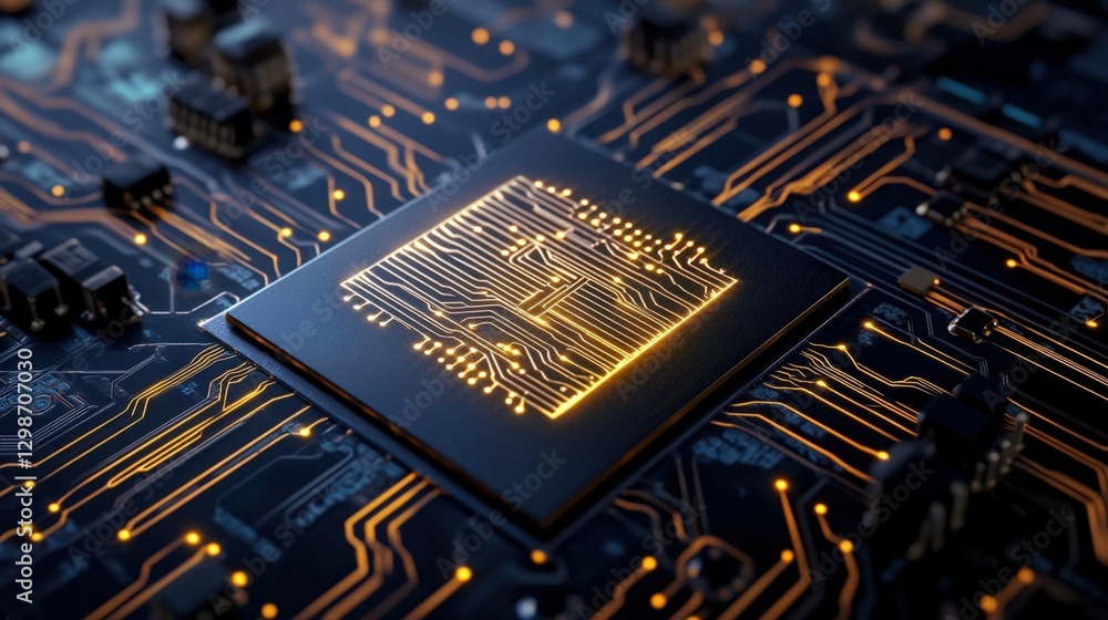 Poster glowing cpu microchip on circuit board