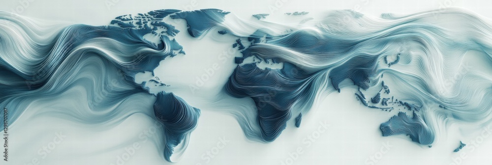 Fototapete world map created with flowing lines in blue and white tones illustrating global connectivity and mo
