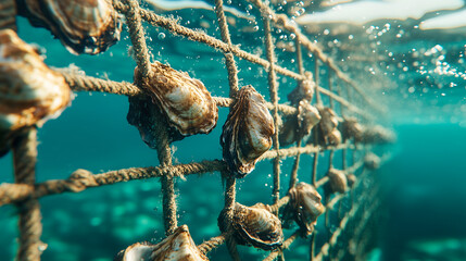 oysters on an oyster farm in an aquaculture nursery underwater, growing on a grid with ropes hanging