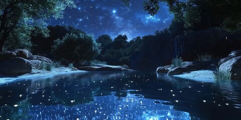 Starry night over a tranquil lake surrounded by trees and rocks