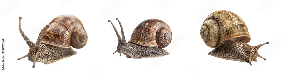 Aufkleber three snails in a row show different shell patterns and textures captured from side view