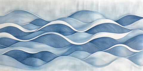 Abstract illustration of blue waves and white crests in a calming, serene pattern.