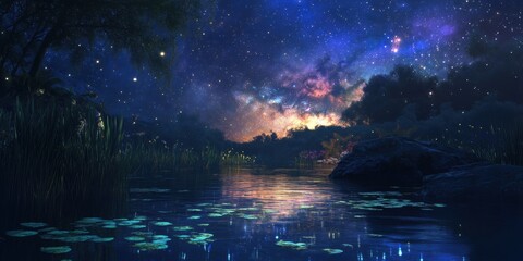Serene night sky reflects beautifully on calm water with glowing stars and vibrant foliage