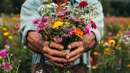 Blooming Bouquet: A tender moment as an older person hands a vibrant bouquet of wildflowers, radiating warmth and a deep connection to nature and the art of giving.