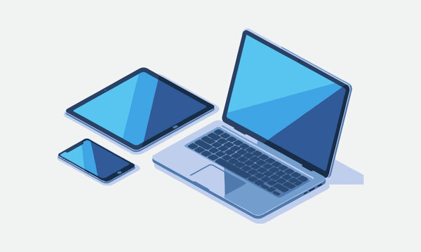 A modern vector-style isometric illustration of three electronic devices, a smartphone, a tablet, and a laptop, all with bright blue screens. easily editable