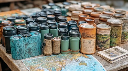 Binocular collection displayed outdoors on table, antique map background, vintage style