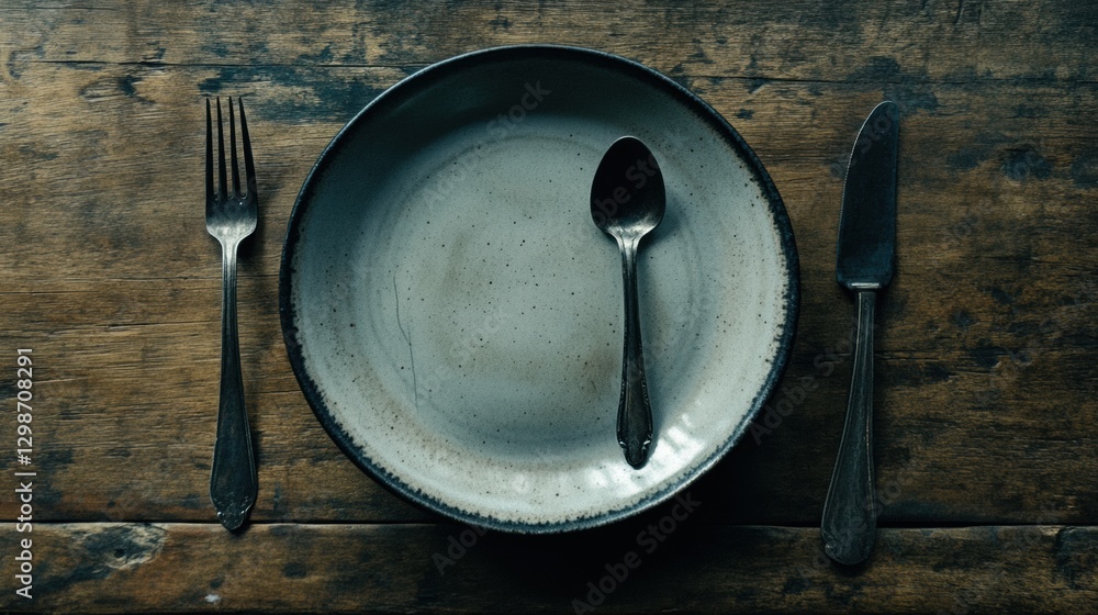 Poster rustic dining setup with empty plate and cutlery on wooden table. generative ai