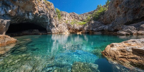 Beautiful serene natural cave with clear water and rocky surroundings under bright blue sky