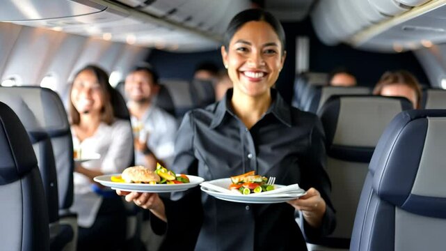 Serving with a Smile: A flight attendant, radiating warmth and professionalism, offers meal service aboard an aircraft, ensuring passengers enjoy a comfortable and pleasant journey.