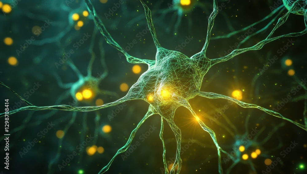 Poster detailed view of neural cells with glowing connections and vibrant lights representing complex neura