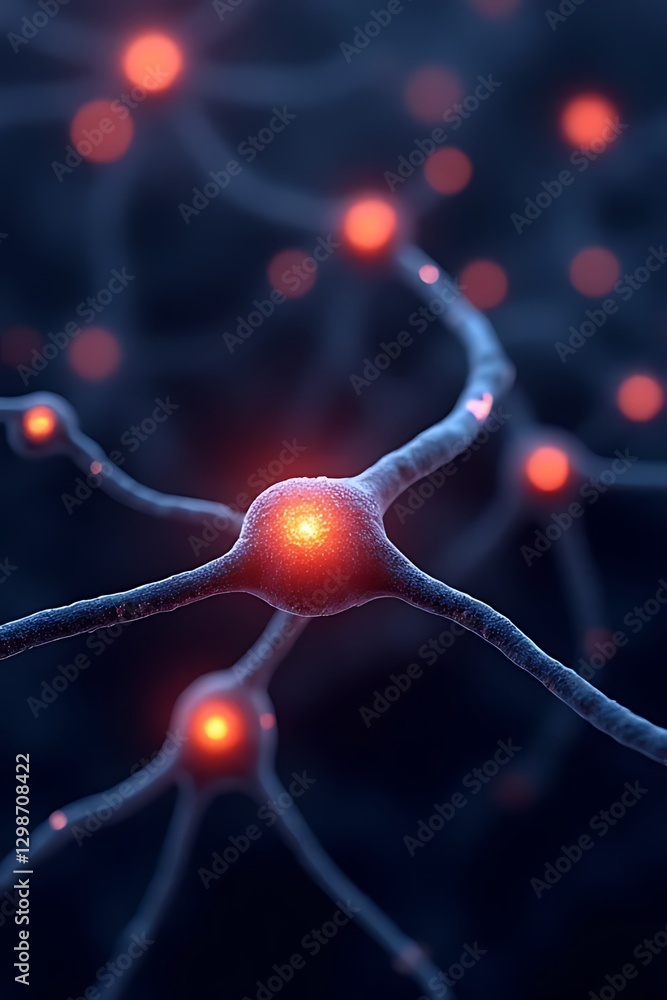 Poster close-up digital representation of interconnected neurons with glowing red synapses against a dark b
