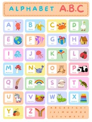 Fototapeta premium Alphabet chart for kids to learn alphabet letters with cute illustrations. 