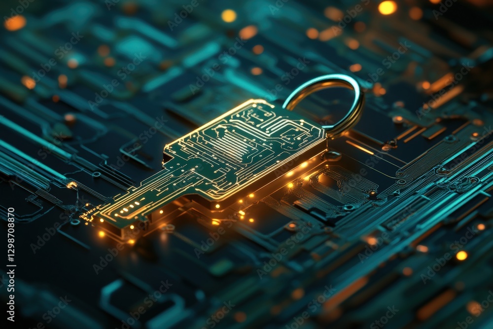 Poster cyber security key lock on circuit board