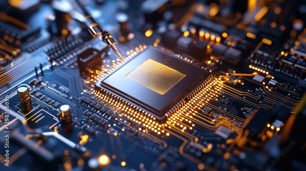 Poster detailed close-up of a modern computer chip on a circuit board