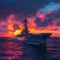 An immense aircraft carrier sailing through the vast ocean at dusk