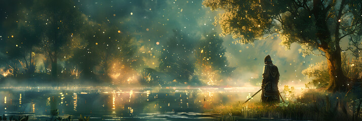 Warrior's Vigil in a Mystical Twilight Forest Glade with Ancestral Saber