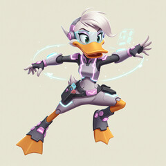 A female humanoid duck holding a tablet, with smooth feathers and expressive eyes. She wears a casual or tech-inspired outfit, standing against a neutral or futuristic background. (Generate AI)