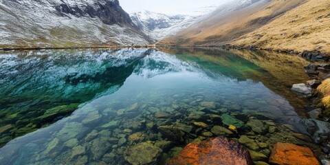 Serene mountain lake reflecting snow-capped peaks and lush hills during a calm morning